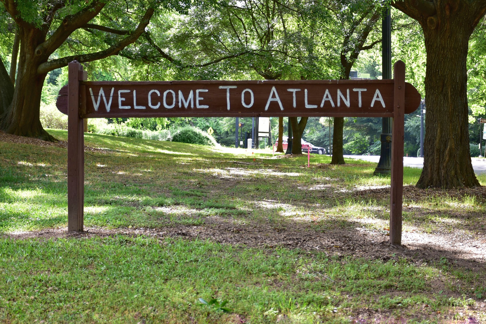 Welcome to Atlanta sign visible when entering the city on Ponce De Leon Avenue in DeKalb County