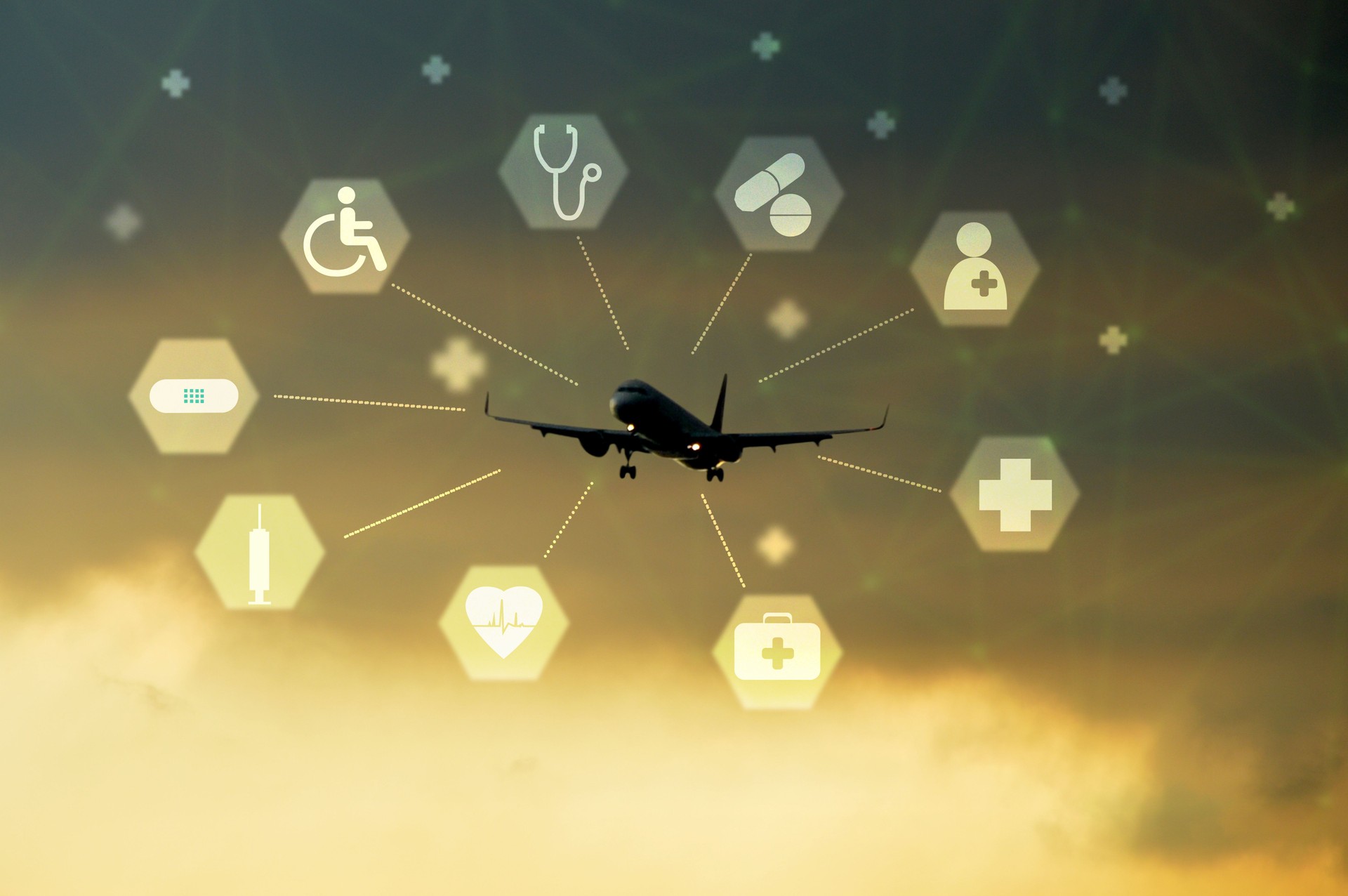 Medical tourism concept. Health tourism and international medical travel insurance. Airplane with medical icons on the sky background