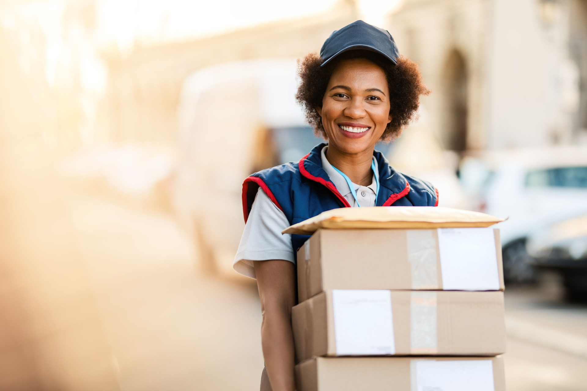 Portrait of happy African American deliverer with packages.